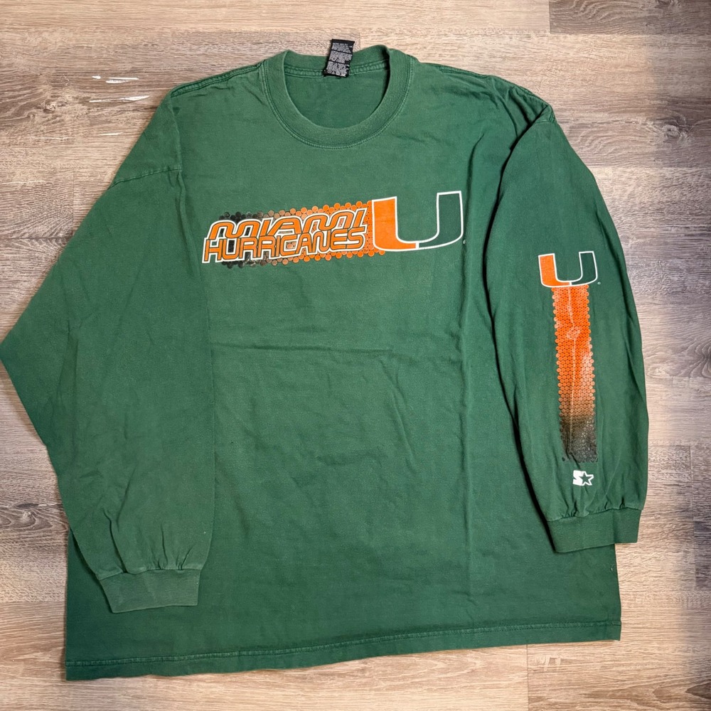 Y2K Starter Miami Hurricanes Long Sleeve Shirt Mens 2XL Green NCAA Graphic Tee